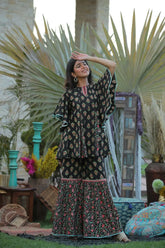 Black Cambric Floral Print Tunic Sharara Set With Mask